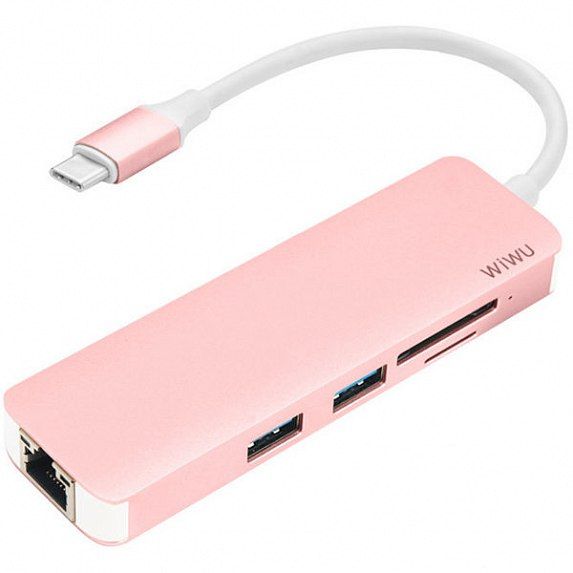

USB-хаб WIWU Adapter T4 USB-C to USB-C+RJ45+SD+2xUSB3.0 HUB (TCH04RG) Rose Gold