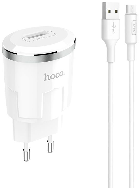 

Сетевое зарядное устройство Hoco C37A 1USB 2.4A + microUSB cable White
