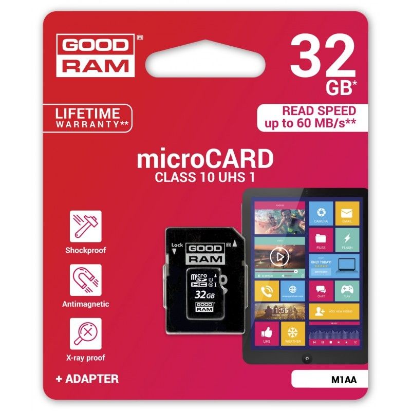 

Карта пам'яті GOODRAM 32 GB Micro SD UHS-1 сlass 10 + адаптер (M1AA-0320R11)