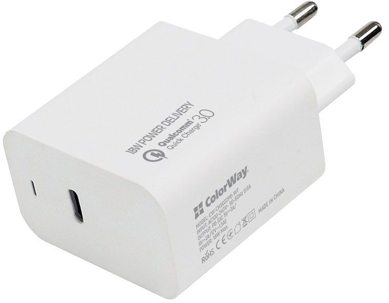 

Мережевий зарядний пристрій ColorWay Power Delivery Port USB Type-C (18W) (CW-CHS022PD-WT) White