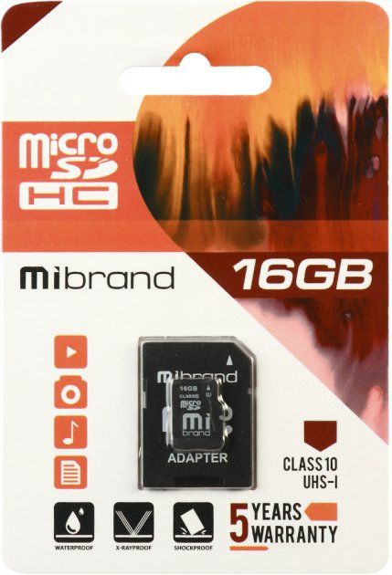 

Карта пам'яті Mibrand microSDHC 16GB Class 10 UHS-1 + SD адаптер (MICDHU1/16GB-A)