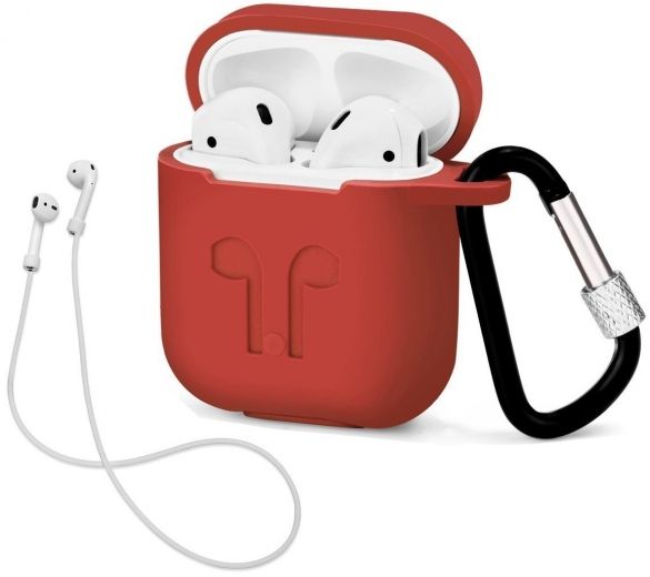 Чехол для наушников Apple AirPods Silicone Case with carbine + Straps Red - фото - интернет-магазин электроники и бытовой техники TTT