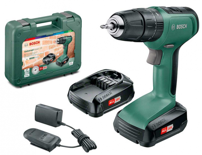 Акумуляторний дриль-шуруповерт Bosch UniversalImpact 18 + 2 акб 1,5Ah + з/п AL 1810 CV + валіза (06039C8101) - фото - інтернет-магазин електроніки та побутової техніки TTT