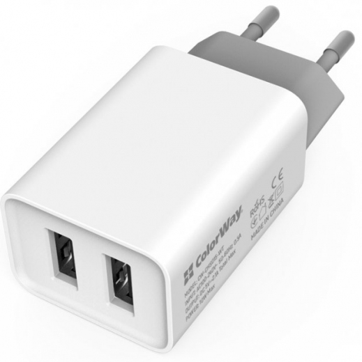 Сетевое зарядное устройство ColorWay 2 USB AUTO ID 2.1A (10W) (CW-CHS015-WT) White - фото Сетевое зарядное устройство ColorWay 2 USB AUTO ID 2.1A (10W) (CW-CHS015-WT) White - фото - интернет-магазин электроники и бытовой техники TTT