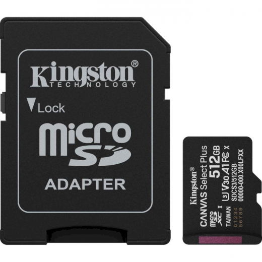 Карта памяти Kingston Canvas Select Plus microSDXC 512GB UHS-I U3 V30 + SD-адаптер (SDCS3/512GB) - фото Карта памяти Kingston Canvas Select Plus microSDXC 512GB UHS-I U3 V30 + SD-адаптер (SDCS3/512GB) - фото - интернет-магазин электроники и бытовой техники TTT