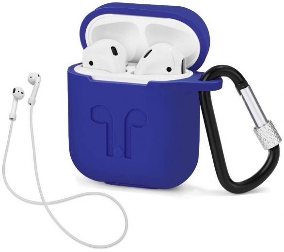 Чехол для наушников Apple AirPods Silicone Case with carbine + Straps Blue - фото - интернет-магазин электроники и бытовой техники TTT