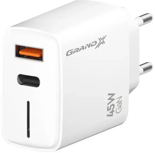 Сетевое зарядное устройство Grand-X GaN 45W CH-460W Type-C + USB-A White - фото - интернет-магазин электроники и бытовой техники TTT