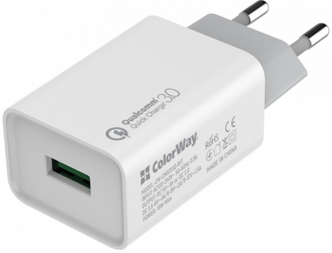 Сетевое зарядное устройство ColorWay 1 USB Quick Charge 3.0 (18W) (CW-CHS013Q-WT) White - фото Сетевое зарядное устройство ColorWay 1 USB Quick Charge 3.0 (18W) (CW-CHS013Q-WT) White - фото - интернет-магазин электроники и бытовой техники TTT