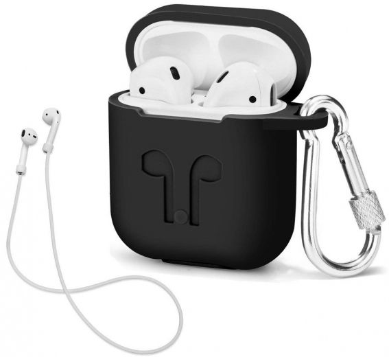 Чехол для наушников Apple AirPods Silicone Case with carbine + Straps Black - фото - интернет-магазин электроники и бытовой техники TTT