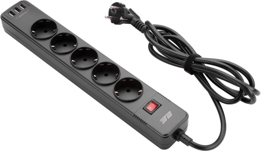 Сетевой фильтр 2E 5XSchuko с защитой от импульcных скачков напряжения 3Gх1.5 мм 3хUSB-A 2 м (2E-SP515M2USBBK) Black  - фото - интернет-магазин электроники и бытовой техники TTT