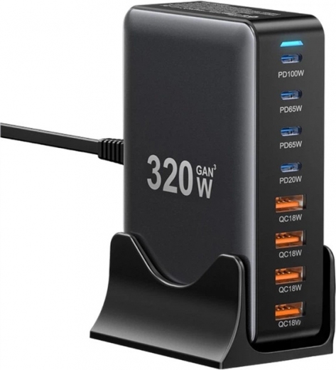 Мережевий зарядний пристрій ESSAGER Engine 320W GaN table charge 4C+4A (EZC320W-QJB0G-Z) Black  - фото - інтернет-магазин електроніки та побутової техніки TTT
