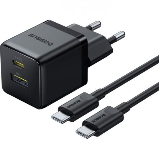 Сетевое зарядное устройство Baseus Palm Fast Charger USB-A USB-C 30 Вт PD3.0 QC4.0 + кабель Type-C 60 Вт 1 м (P1011160A113-01) Black - фото - интернет-магазин электроники и бытовой техники TTT