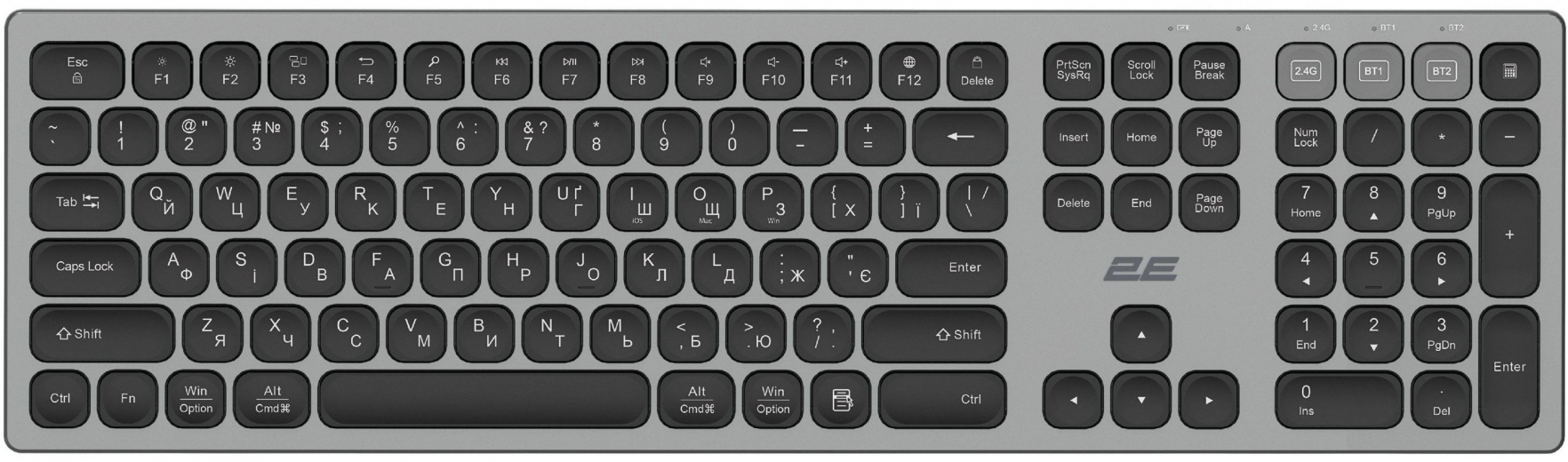 Клавіатура 2E KS270 WL/BT EN/UK (2E-KS270WBGR_UA) Gray/Black - фото Клавіатура 2E KS270 WL/BT EN/UK (2E-KS270WBGR_UA) Gray/Black - фото - інтернет-магазин електроніки та побутової техніки TTT