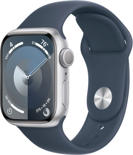 Apple Watch Series 9 GPS 45mm Silver Aluminium Case with Storm Blue Sport Band - M/L (MR9E3QP/A) - фото - интернет-магазин электроники и бытовой техники TTT