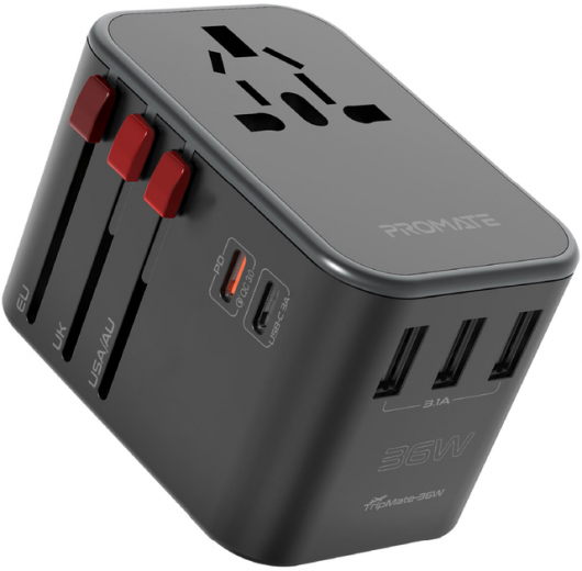 Перехідник мережевий Promate TripMate-36W EU/US/UK/AU на EU/US/UK/AU, 2xUSB-C + 3xUSB-A 36W total (tripmate-36w.black) Black  - фото Перехідник мережевий Promate TripMate-36W EU/US/UK/AU на EU/US/UK/AU, 2xUSB-C + 3xUSB-A 36W total (tripmate-36w.black) Black  - фото - інтернет-магазин електроніки та побутової техніки TTT