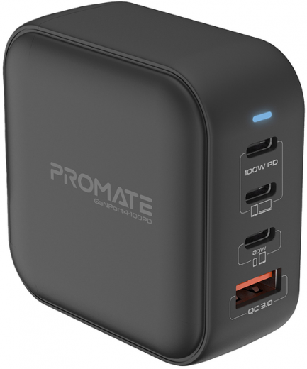 Сетевое зарядное устройство Promate GaNPort4-100PD 100 Вт 3xUSB-C+USB-A (ganport4-100pd.black) Black  - фото Сетевое зарядное устройство Promate GaNPort4-100PD 100 Вт 3xUSB-C+USB-A (ganport4-100pd.black) Black  - фото - интернет-магазин электроники и бытовой техники TTT