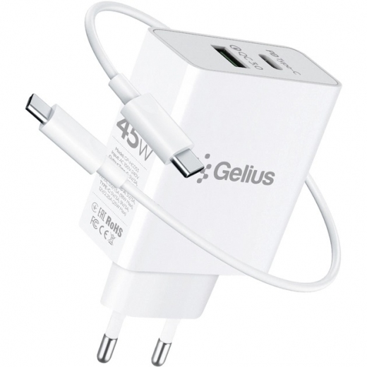Мережевий зарядний пристрій Gelius X-Duo PRO 45W GP-HC053 White + Cable Type-C/Type-C (2099900923555) - фото - інтернет-магазин електроніки та побутової техніки TTT