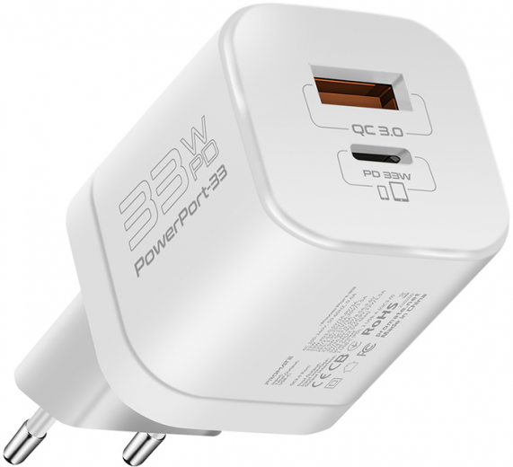 Мережевий зарядний пристрій Promate PowerPort-33 Вт USB-C+USB-A (powerport-33.white) White  - фото Мережевий зарядний пристрій Promate PowerPort-33 Вт USB-C+USB-A (powerport-33.white) White  - фото - інтернет-магазин електроніки та побутової техніки TTT