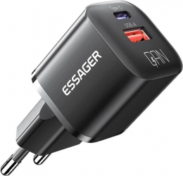 Мережевий зарядний пристрій Essager Camber 20W GaN Travel Phone Charger USB A + Type C EU (ECTAC-HMB01-P) Black 