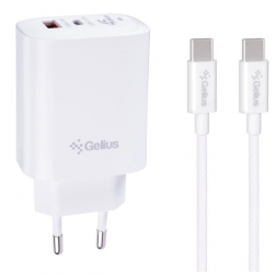 Мережевий зарядний пристрій Gelius Stratus GP-HC068 45W (1Type-C+1USB-A) + кабель Gelius iCable GP-UCN010 Type-C to Type-C (1,2m) (60W) White