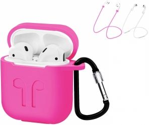 Чехол для наушников Apple AirPods Silicone Case with carbine + Straps Pink