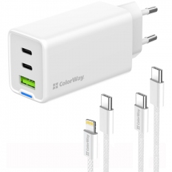 Мережевий зарядний пристрій ColorWay GaN Mini 65W PD Port PPS USB (USB-2C1A) + cable Type-C, Lightning (CW-CHS058PDCL-WT) White Мережевий зарядний пристрій ColorWay GaN Mini 65W PD Port PPS USB (USB-2C1A) + cable Type-C, Lightning (CW-CHS058PDCL-WT) White