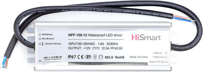 Блок питания HiSmart 12V 12.5A 150W PFC IP67 (NPF-150-12) Блок питания HiSmart 12V 12.5A 150W PFC IP67 (NPF-150-12)