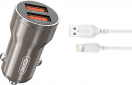 Автомобільний зарядний пристрій XO CC48 Metal Smart Car Charger 2USB 2.4A + lightning cable Grey - фото  - інтернет-магазин електроніки та побутової техніки TTT